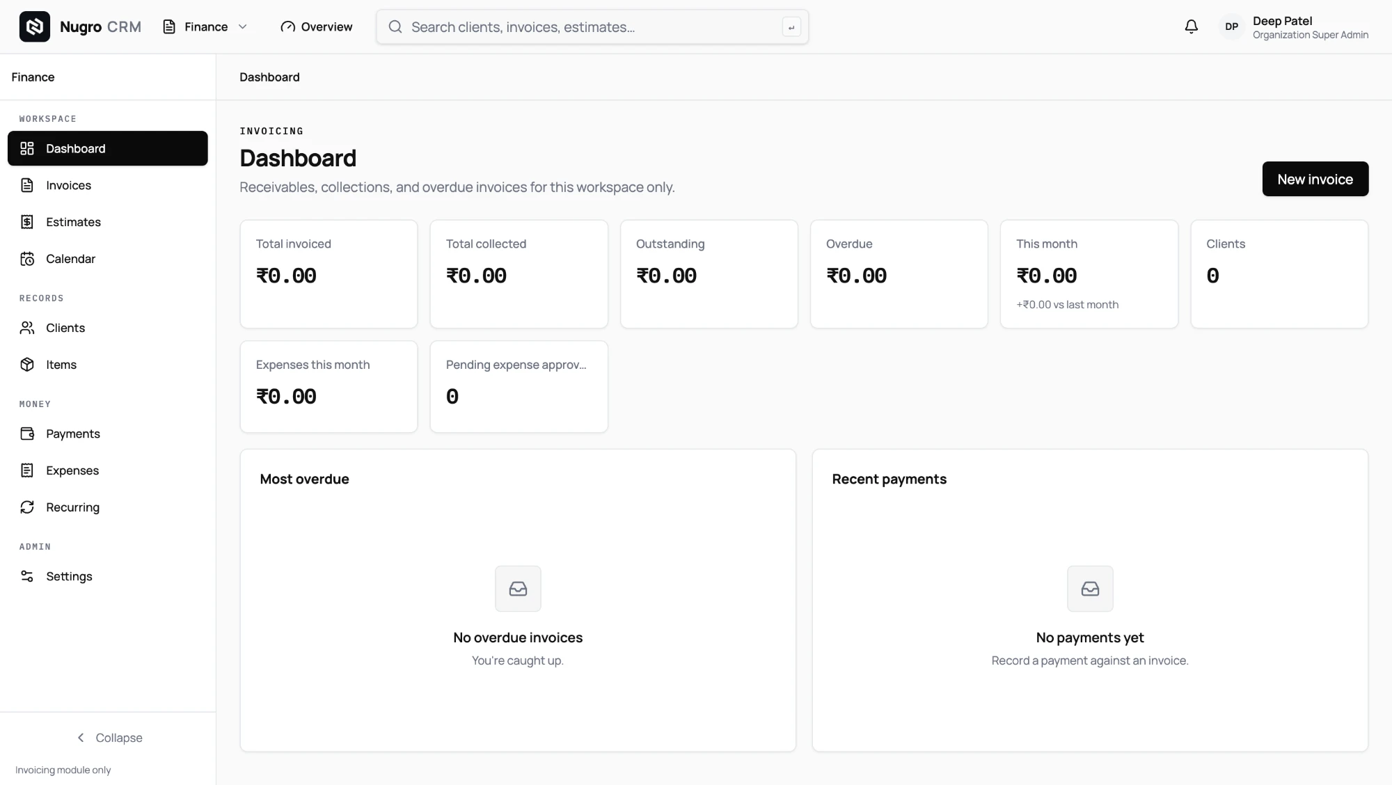 Vyavastha Finance dashboard showing invoicing and payment tracking