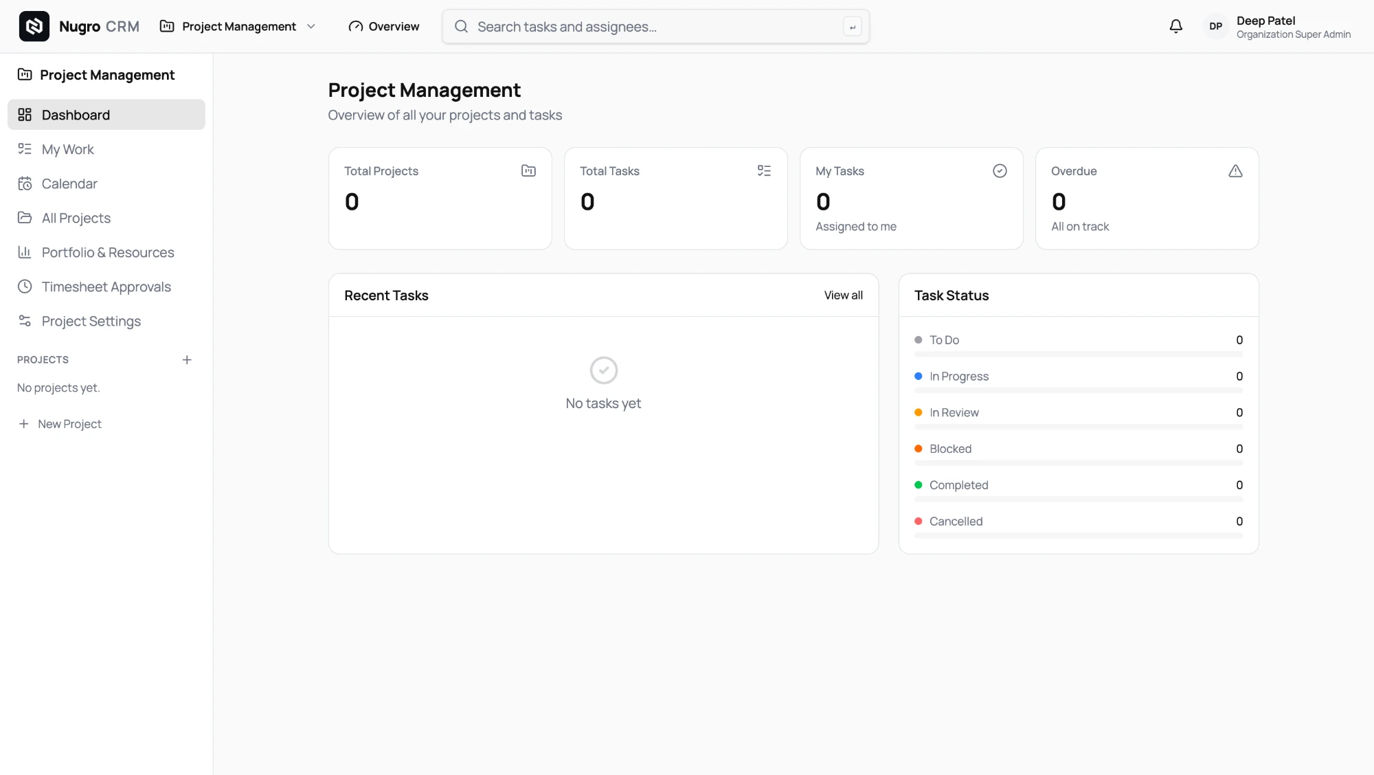 Vyavastha Project Management dashboard with task tracking and kanban